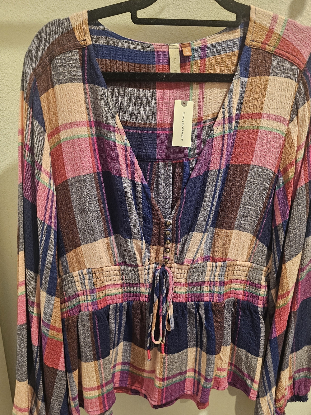 Pilcro Multicolor Plaid Peasant Tunic - Pink, Navy, Cream, Brown